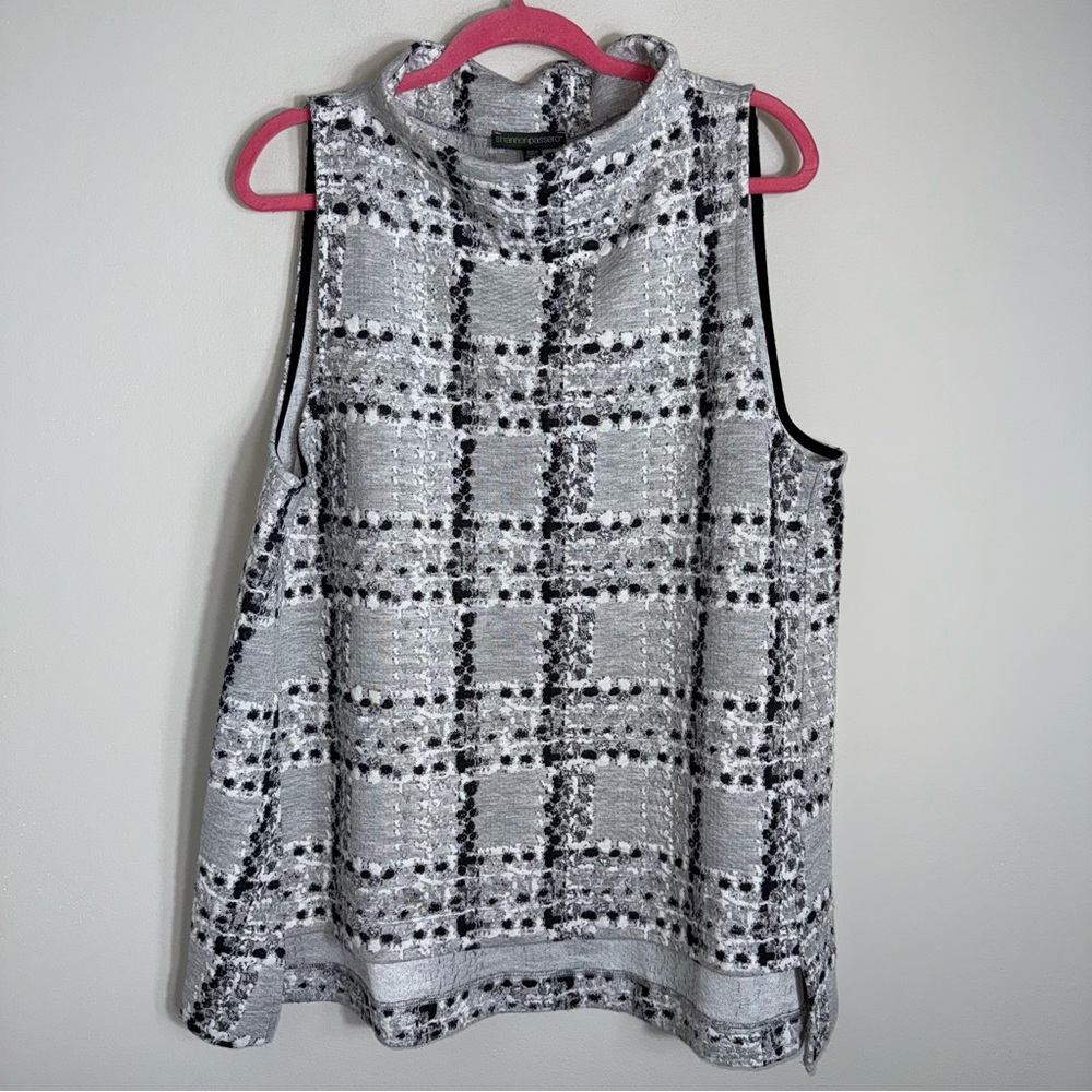 Shannon Passero Sleeveless Knit Tunic Top Blouse-Gray White Black Textured-Large